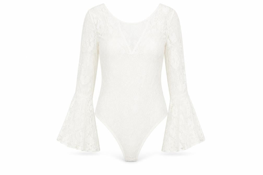 Front view of Seewe women’s ivory polyamide bodysuit one-piece, size S, snap -, size S-m