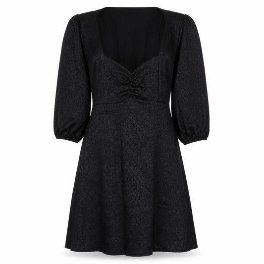 Front view of Next women’s black geometric viscose a-line, size UK 10, sweetheart zip