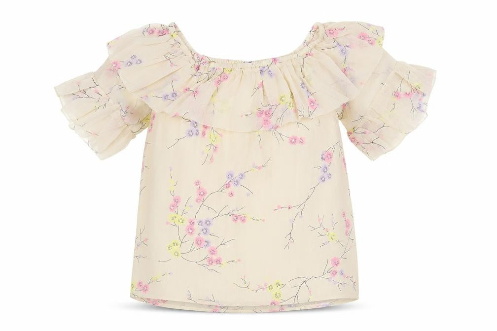 Front view of River Island women’s beige floral polyester basic blouse, size UK 8, boat neck
