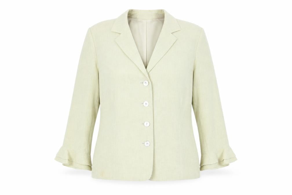 Front view of Gold women’s yellow jacket blazer, size UK 16, buckle