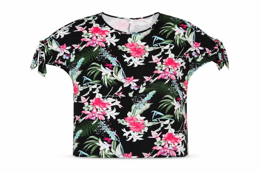 Front view of Emeliax women’s black floral polyester basic t-shirt, size UK 16, round neck