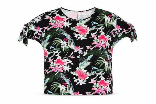 Front view of Emeliax women’s black floral polyester basic t-shirt, size UK 16, round neck