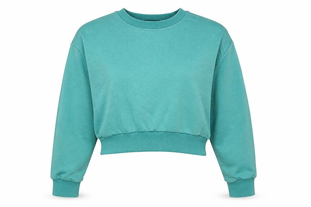 Front view of Boohoo women’s green polyester pullover sweatshirt, size S, pullover
