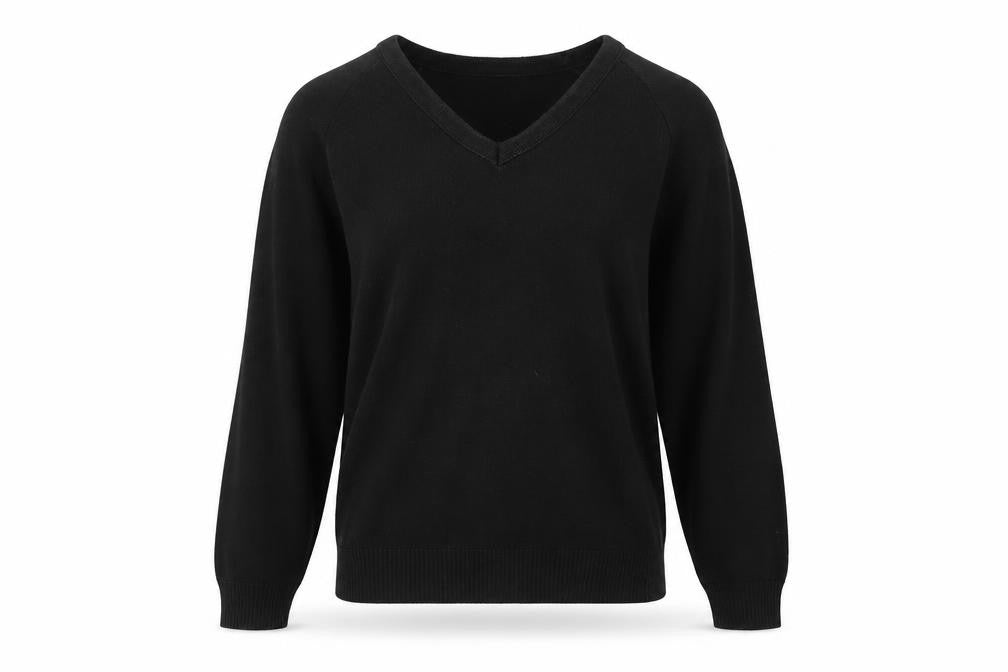 Front view of Bonner women’s black v-neck acrylic jumper, size UK 6