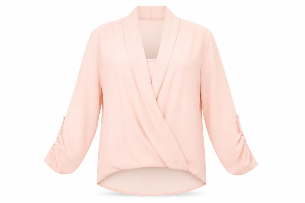 Front view of STACCATO women’s pink polyester basic blouse, size L, v-neck
