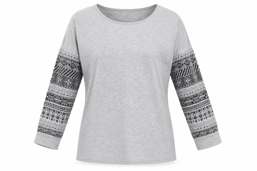 Front view of Zanzea women’s grey geometric polyester basic t-shirt, size M, round neck
