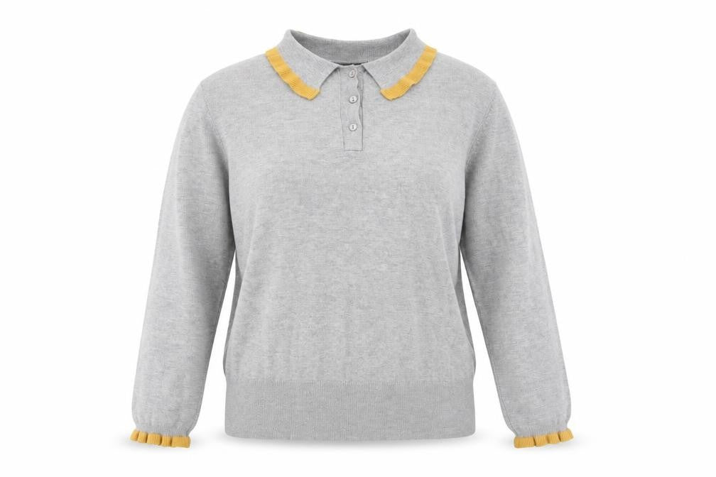 Front view of Paramour women’s grey collared viscose jumper, size L, - contrasting trim