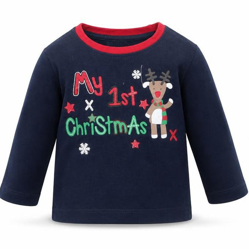 Peacocks Boys Blue Cotton Basic T-Shirt Size 6-9 Months Round Neck Pullover - My 1st Christmas