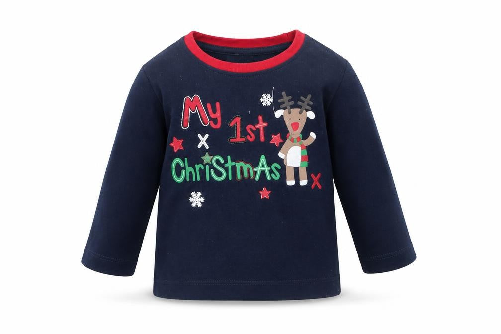 Peacocks Boys Blue Cotton Basic T-Shirt Size 6-9 Months Round Neck Pullover - My 1st Christmas