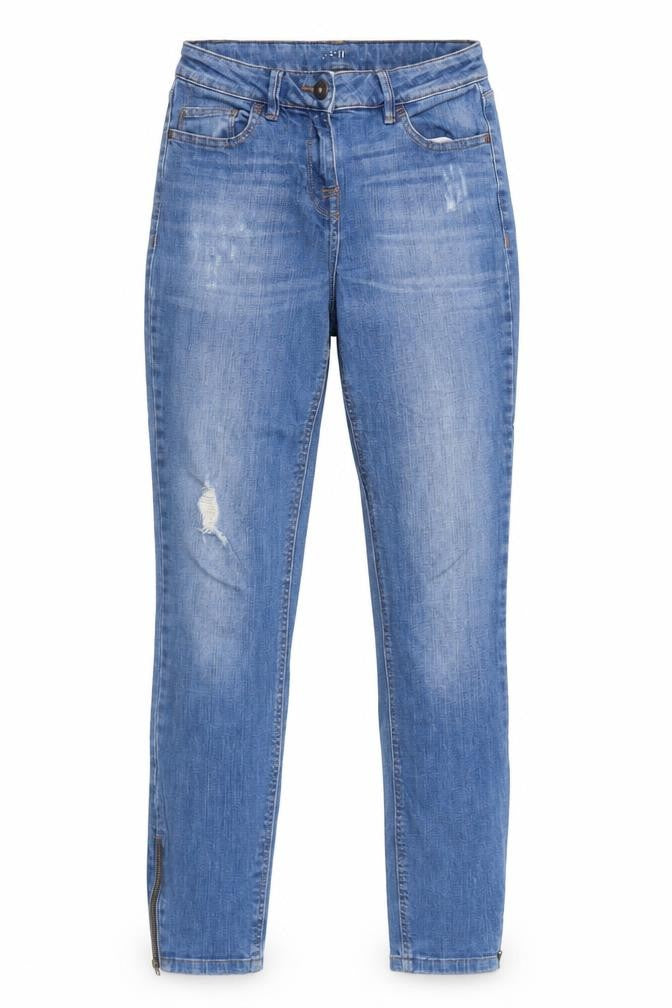 Front view of Next women’s blue cotton straight jeans, size UK 8, regular zip