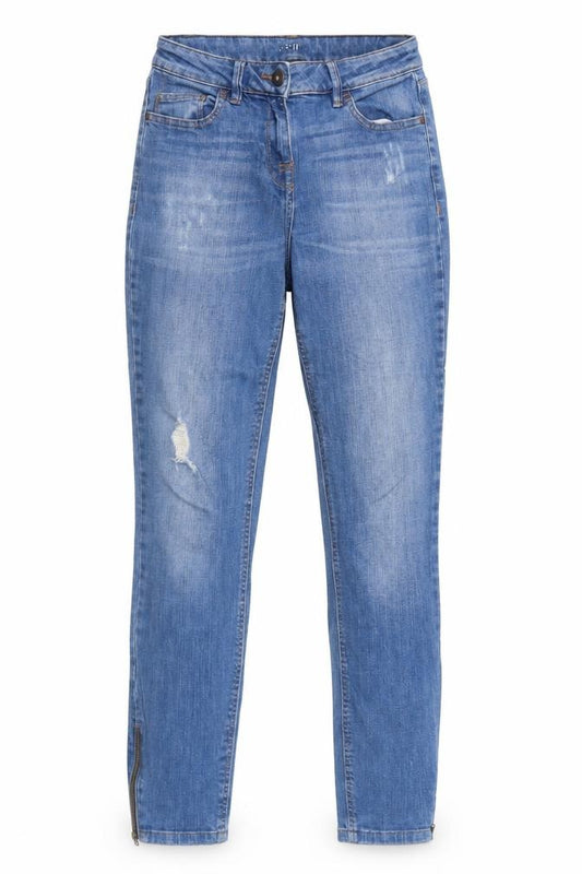 Front view of Next women’s blue cotton straight jeans, size UK 8, regular zip