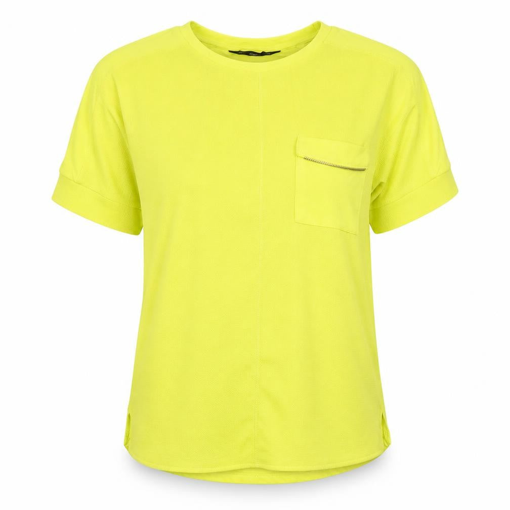 Front view of F&F women’s yellow polyester basic t-shirt, size UK 8, round neck