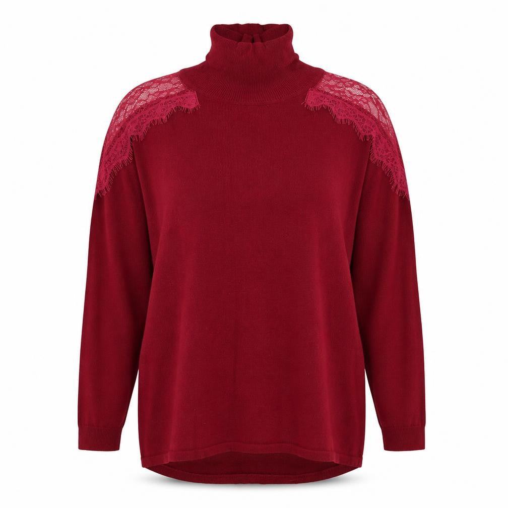 Front view of Very women’s red roll neck viscose jumper, size UK 18, - lace detail