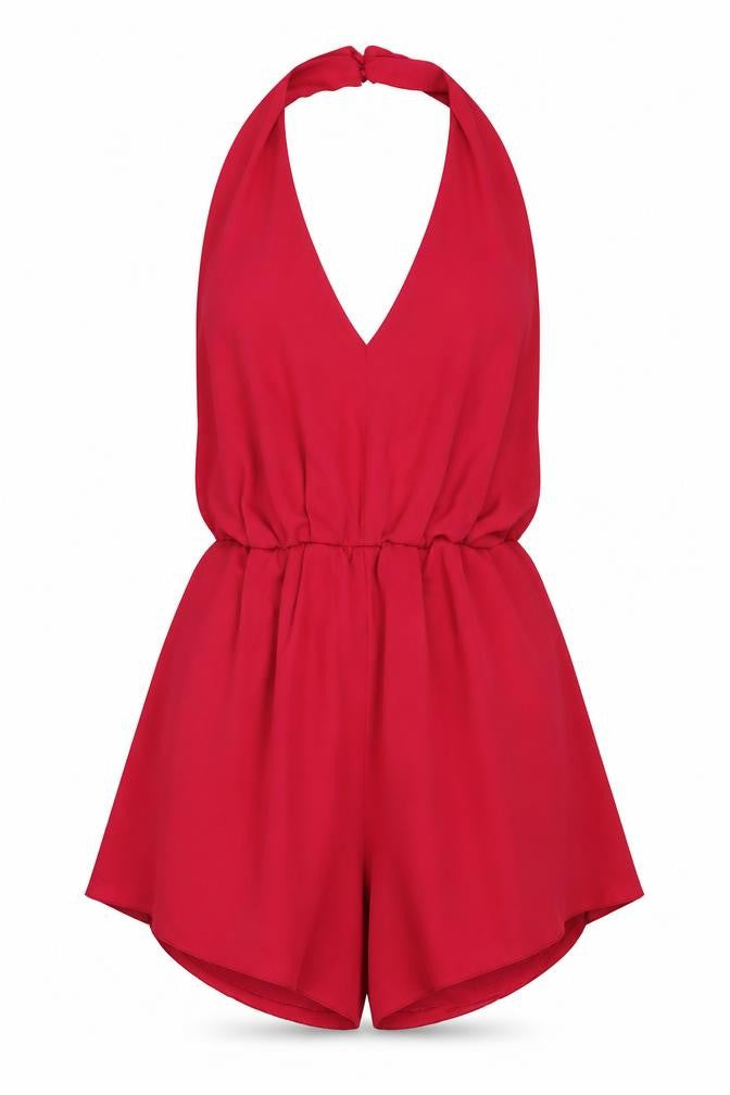 Front view of Love women’s pink polyester romper one-piece, size XS, button