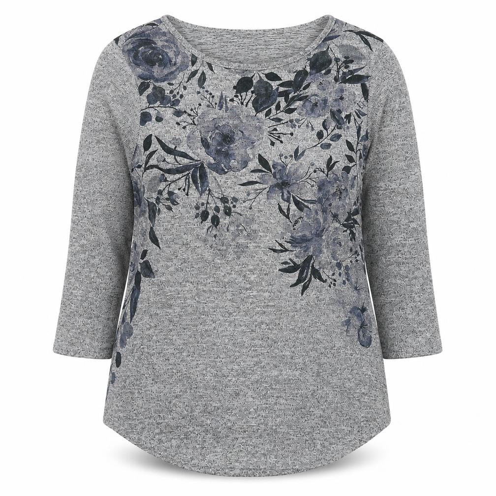 Front view of Roman women’s grey round neck floral polyester jumper, size UK 10