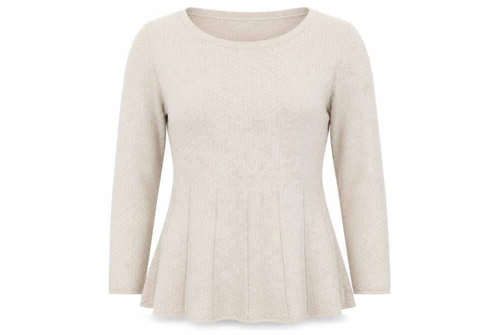 Front view of Next women’s beige round neck cotton jumper, size UK 14