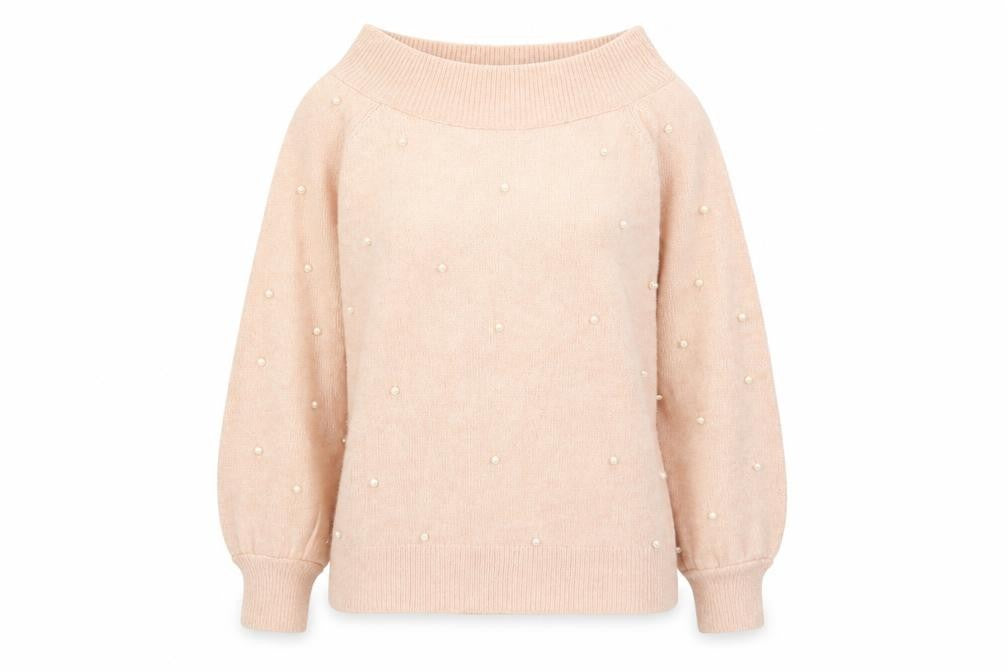Front view of Next women’s pink boat neck acrylic jumper, size UK 6