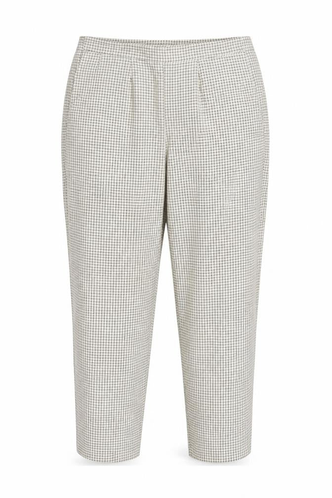Front view of Preworn women’s beige check polyester trousers, size UK 12, regular