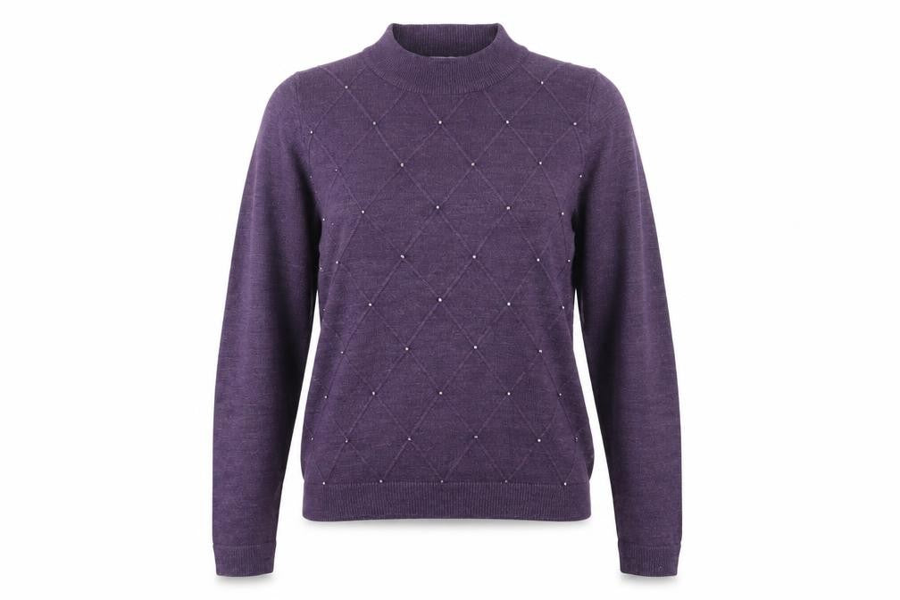 Front view of EWM women’s purple mock neck acrylic jumper, size UK 10