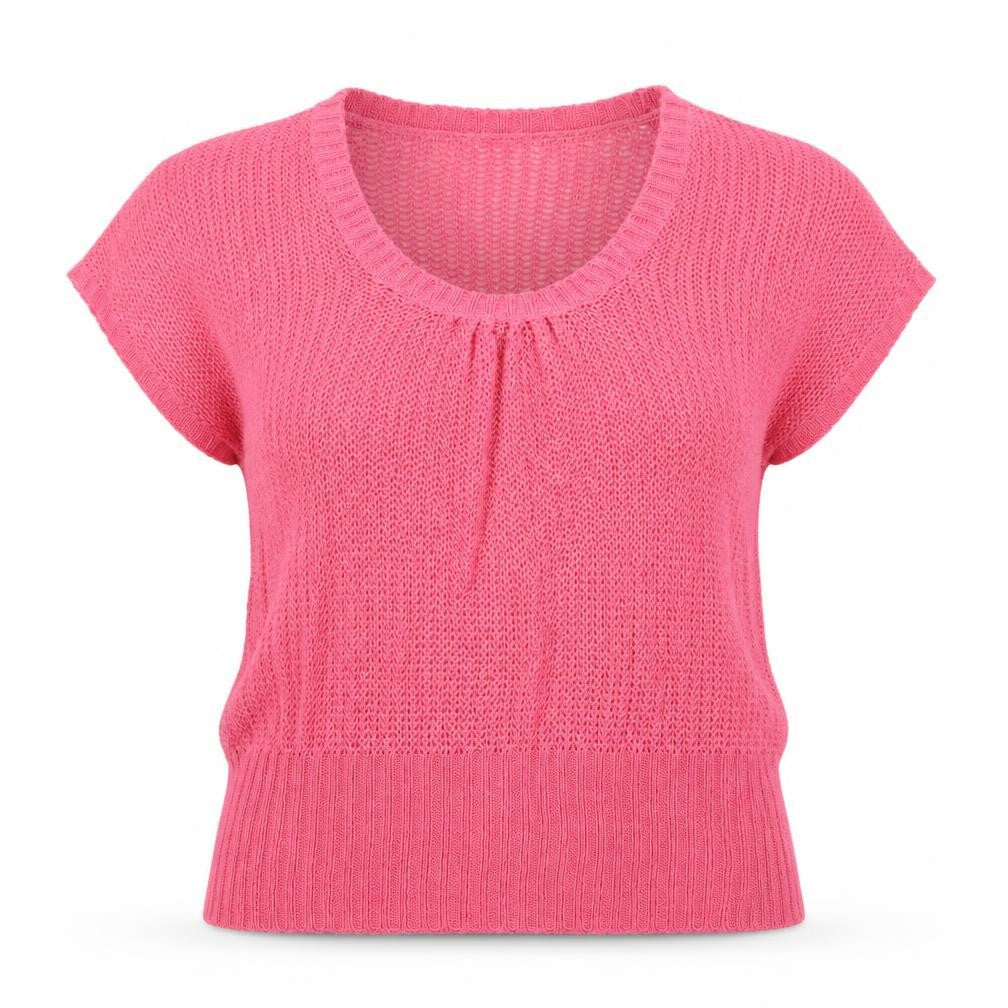 Front view of Classics women’s pink scoop neck acrylic jumper, size UK 16