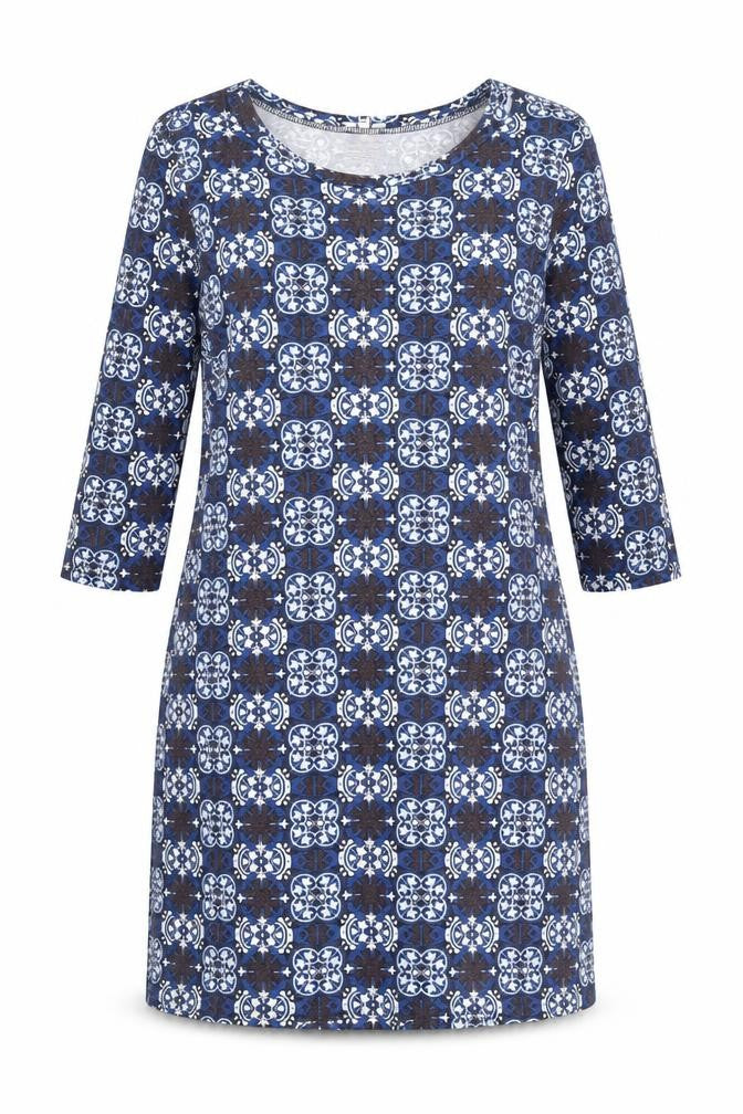Front view of River Island women’s blue geometric viscose a-line, size UK 8, round neck pullover