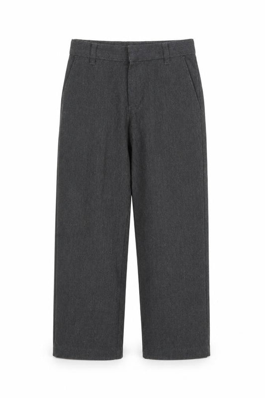 Front view of George boys’ grey polyester chino trousers, size 5-6, years regular pullover