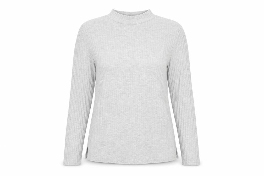 Front view of Papaya women’s grey mock neck polyester jumper, size UK 14