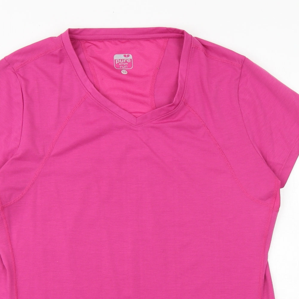 Pure Simple Run Womens Pink Polyester Basic T-Shirt Size 14 V-Neck Pullover