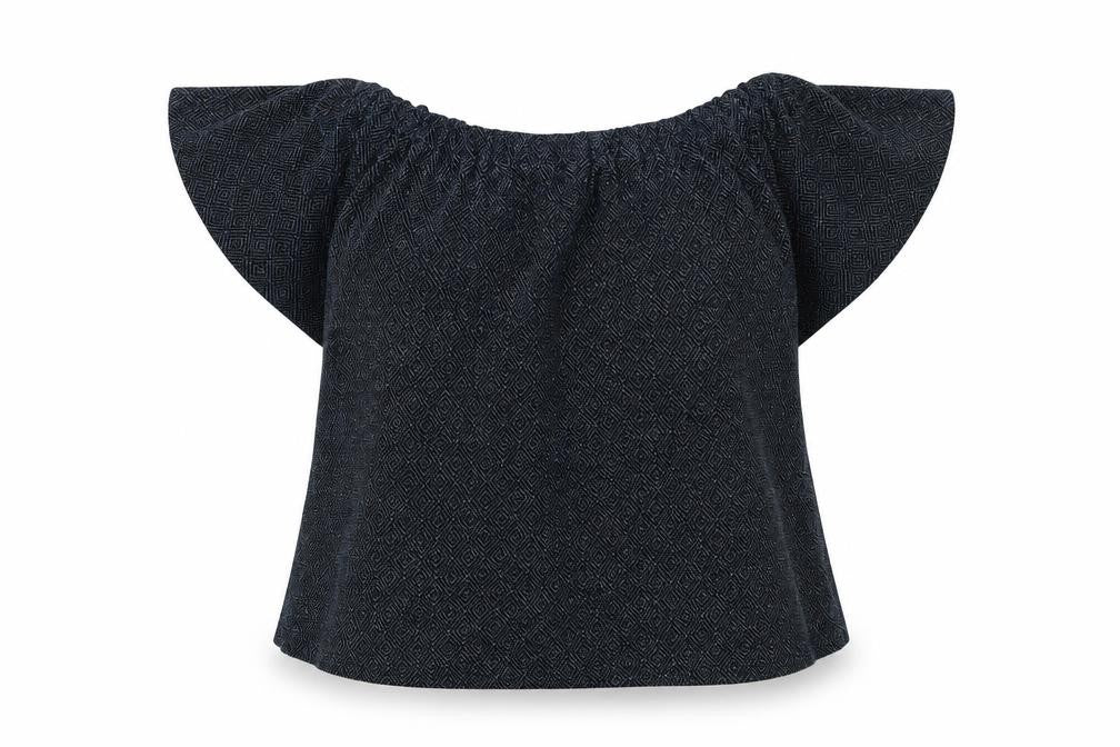 Front view of Papaya women’s blue geometric polyamide basic blouse, size UK 10, off the shoulder