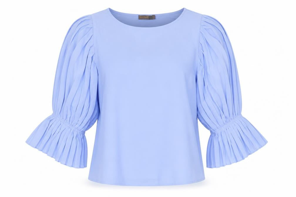 Front view of Preworn women’s blue polyester basic blouse, size L, boat neck - pleated sleeves