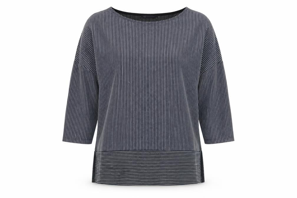 Front view of Marks & Spencer women’s blue striped polyester basic blouse, size UK 10, boat neck