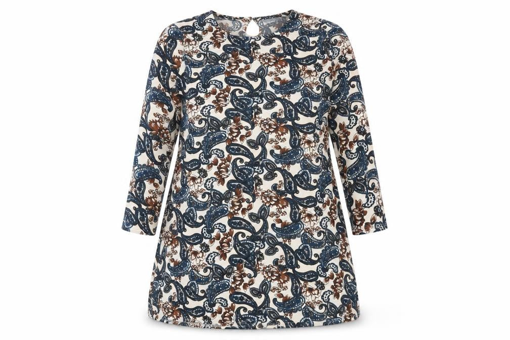 Front view of Radius women’s multicoloured paisley cotton a-line, size XL, round neck pullover
