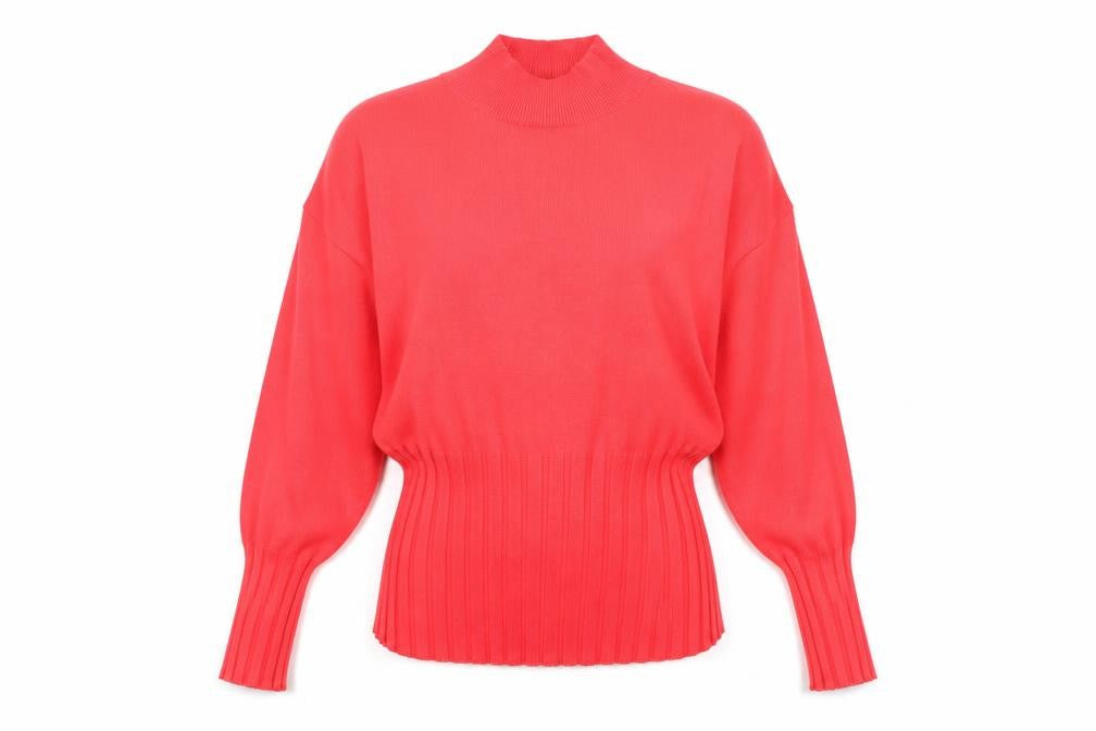 Front view of Marks & Spencer women’s red mock neck viscose jumper, size UK 14