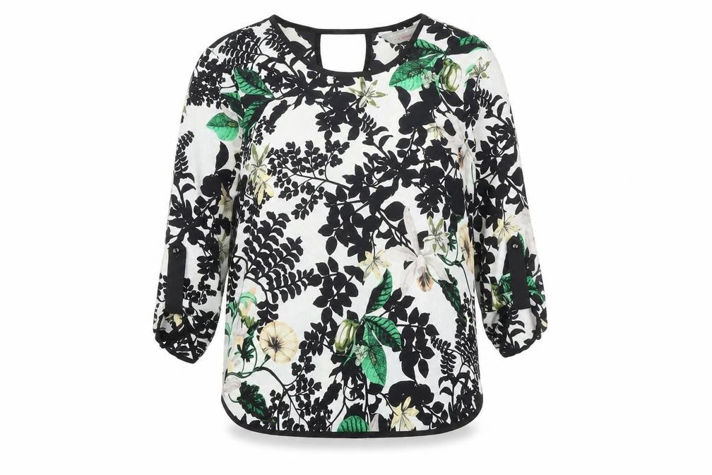 Front view of Dorothy Perkins women’s black floral polyester basic blouse, size UK 8, boat neck
