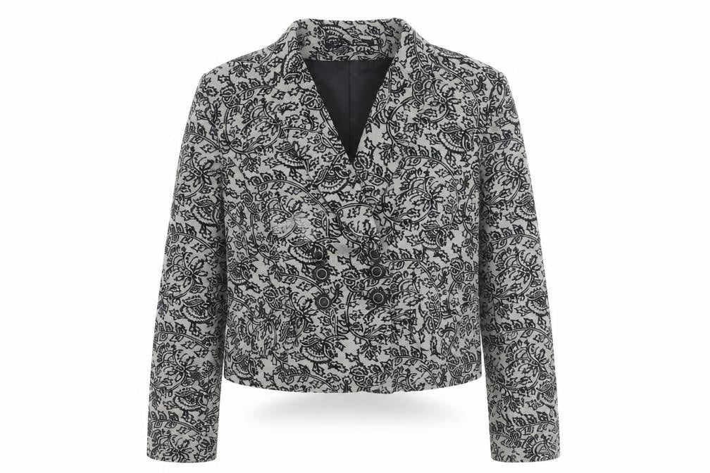 Front view of Gusta Tiona women’s grey floral polyester jacket blazer, size L
