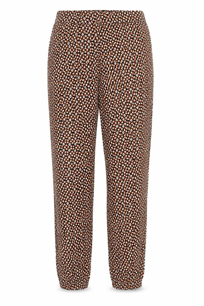 Front view of H&M women’s multicoloured geometric cotton trousers, size UK 4, regular zip