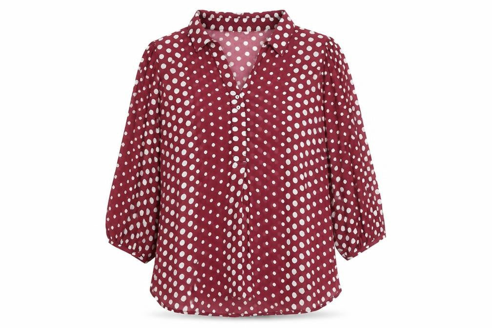 Front view of Monsoon women’s purple geometric viscose basic blouse, size UK 14, collared