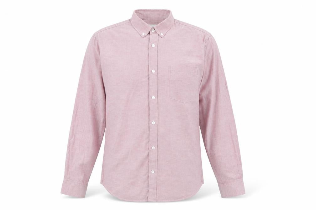 Front view of Burton men’s pink cotton button-up, size L, collared button