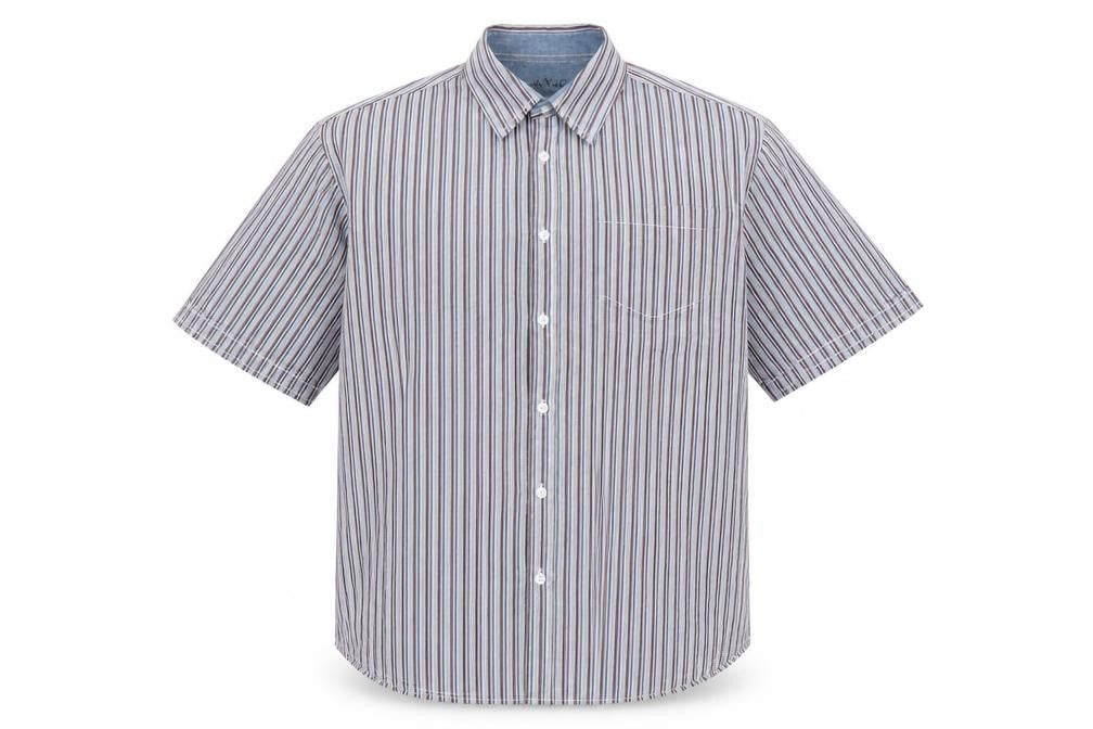 Front view of Oak valley men’s multicoloured striped cotton button-up, size L, collared button