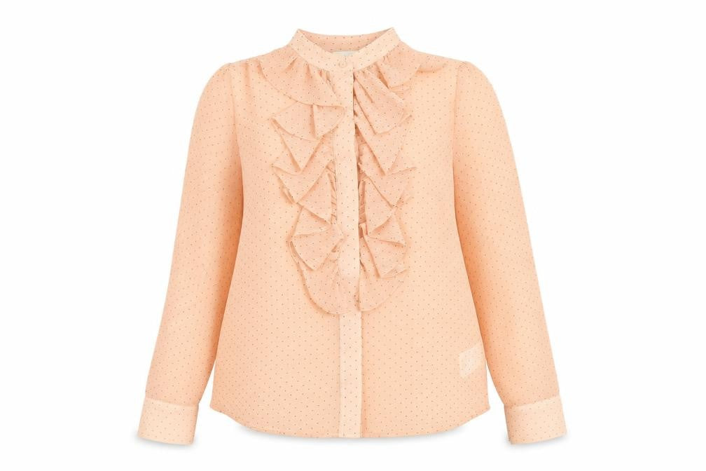 Front view of H&M women’s pink polka dot polyester basic button-up, size UK 8, collared