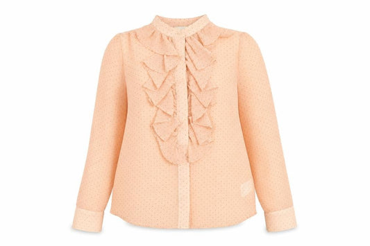 Front view of H&M women’s pink polka dot polyester basic button-up, size UK 8, collared