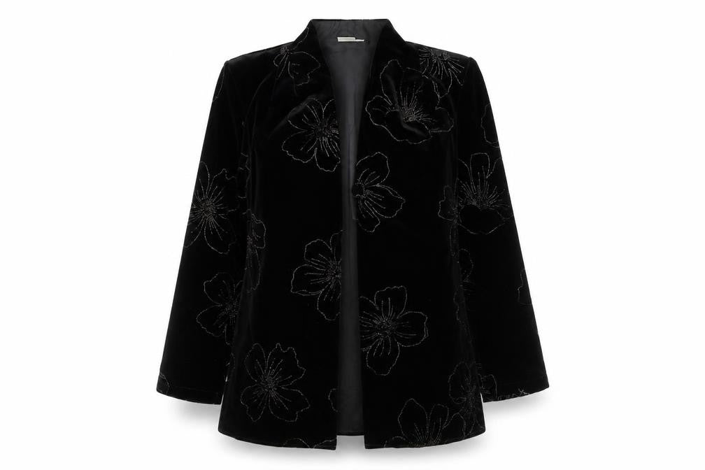 Front view of Scott&Taylor women’s black geometric jacket blazer, size UK 14, button - flower