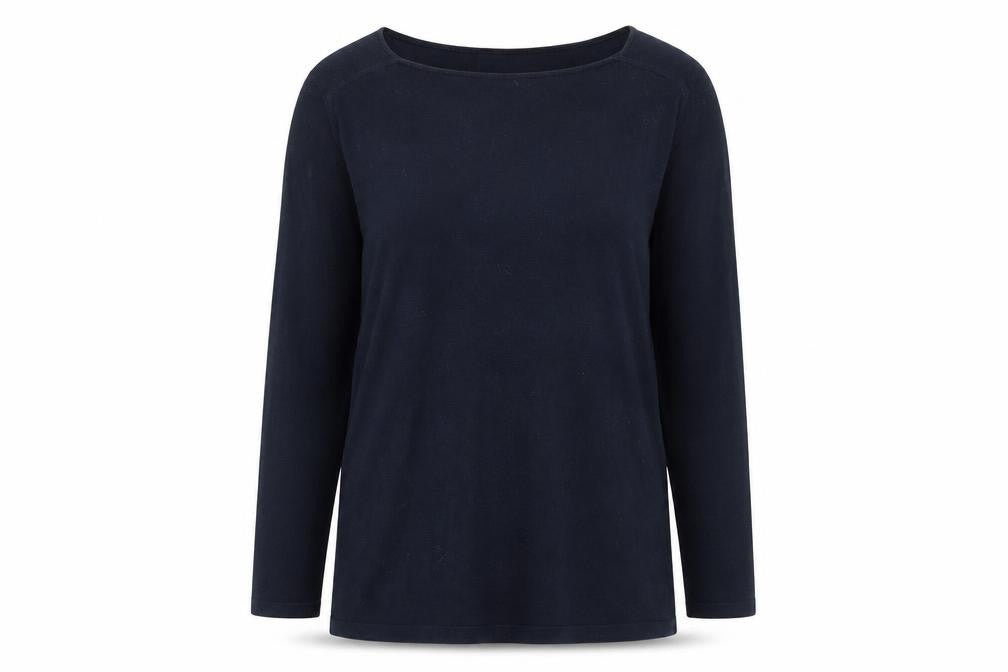 Front view of Next women’s blue square neck cotton jumper, size UK 12
