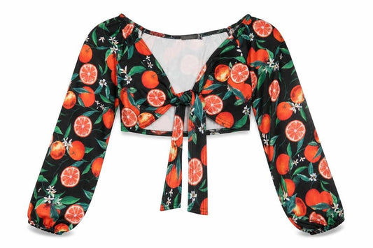 Front view of Boohoo women’s black geometric polyester cropped blouse, size UK 8, v-neck