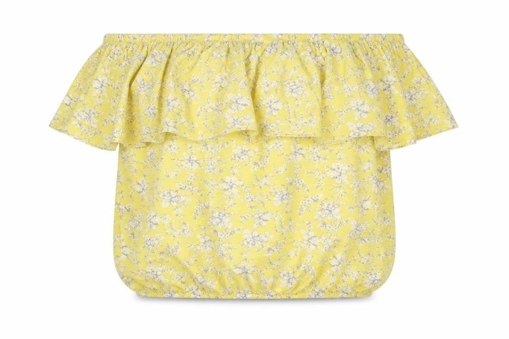 Front view of Next women’s yellow floral 100% cotton basic blouse, size UK 14, off the shoulder
