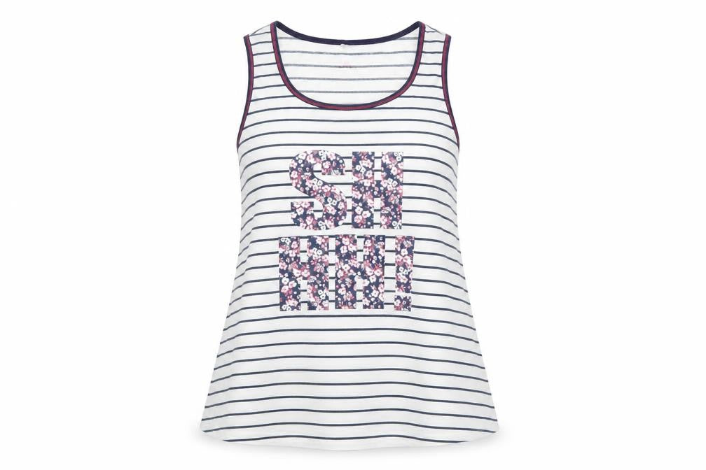 Front view of Debenhams women’s ivory striped polyester basic tank, size UK 14, round neck - shhh!
