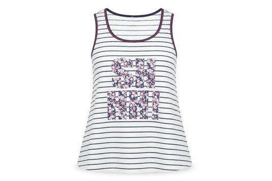 Front view of Debenhams women’s ivory striped polyester basic tank, size UK 14, round neck - shhh!