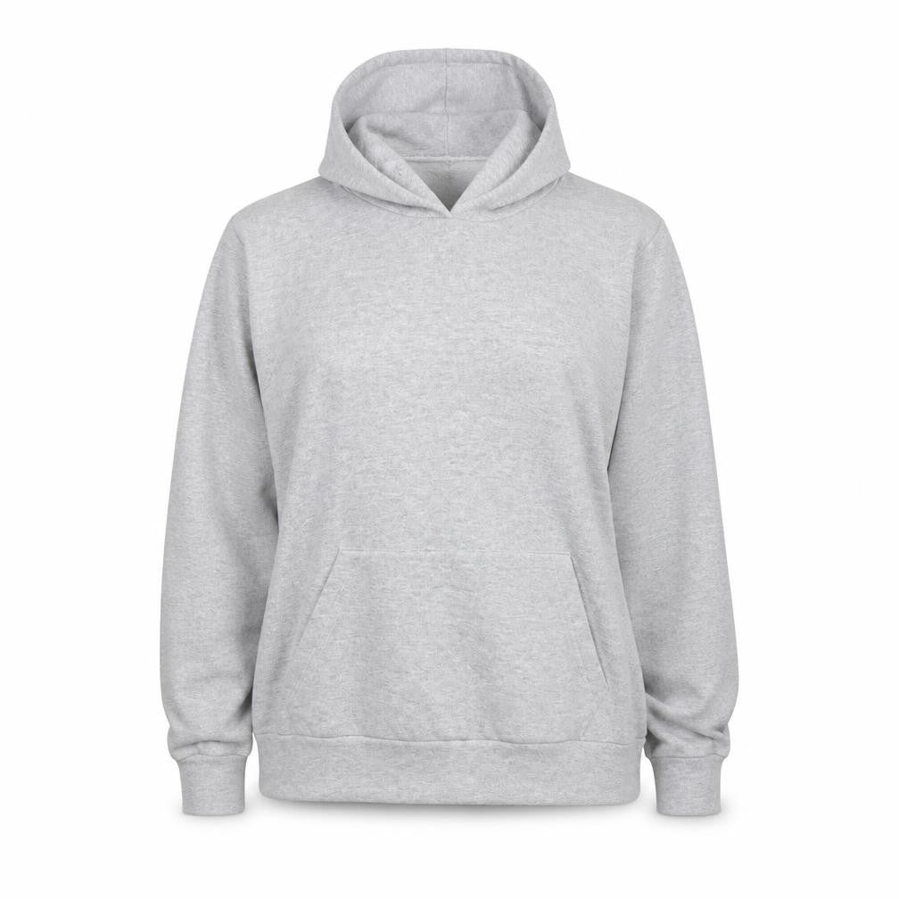Front view of Malaika women’s grey cotton pullover hoodie, size XL, pullover