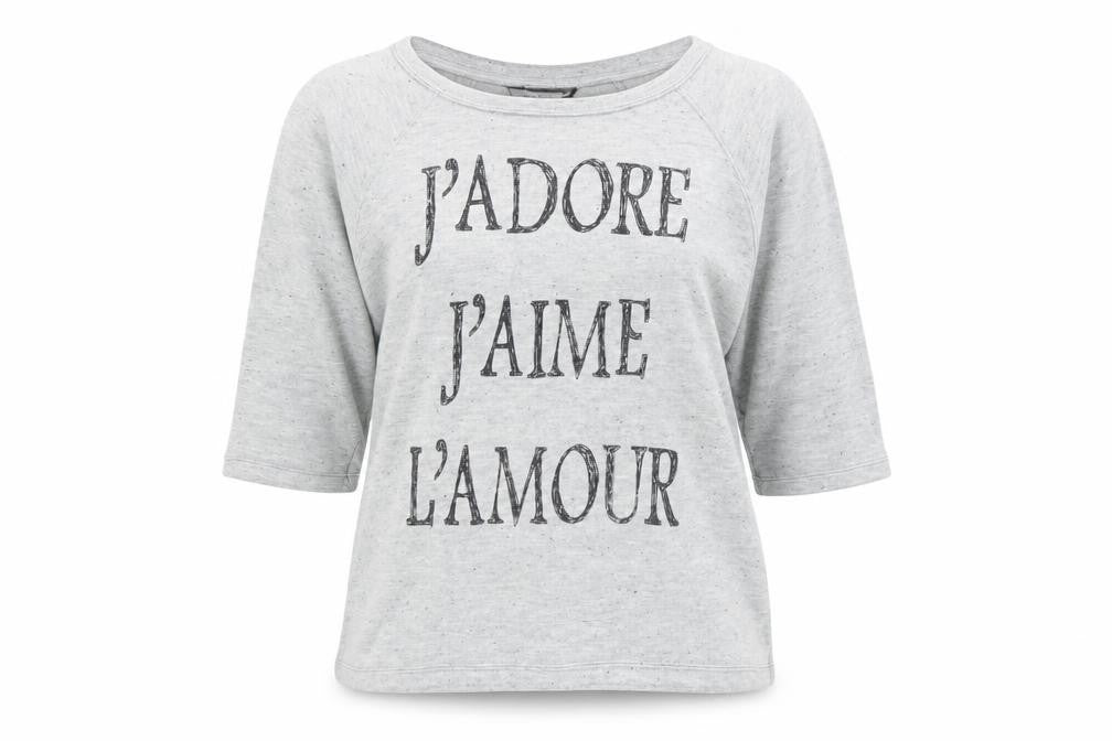 Front view of Internacionale women’s grey polyester pullover sweatshirt, size UK 12, pullover - j'adore j'aime l'amour