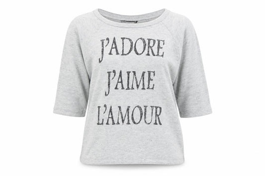 Front view of Internacionale women’s grey polyester pullover sweatshirt, size UK 12, pullover - j'adore j'aime l'amour